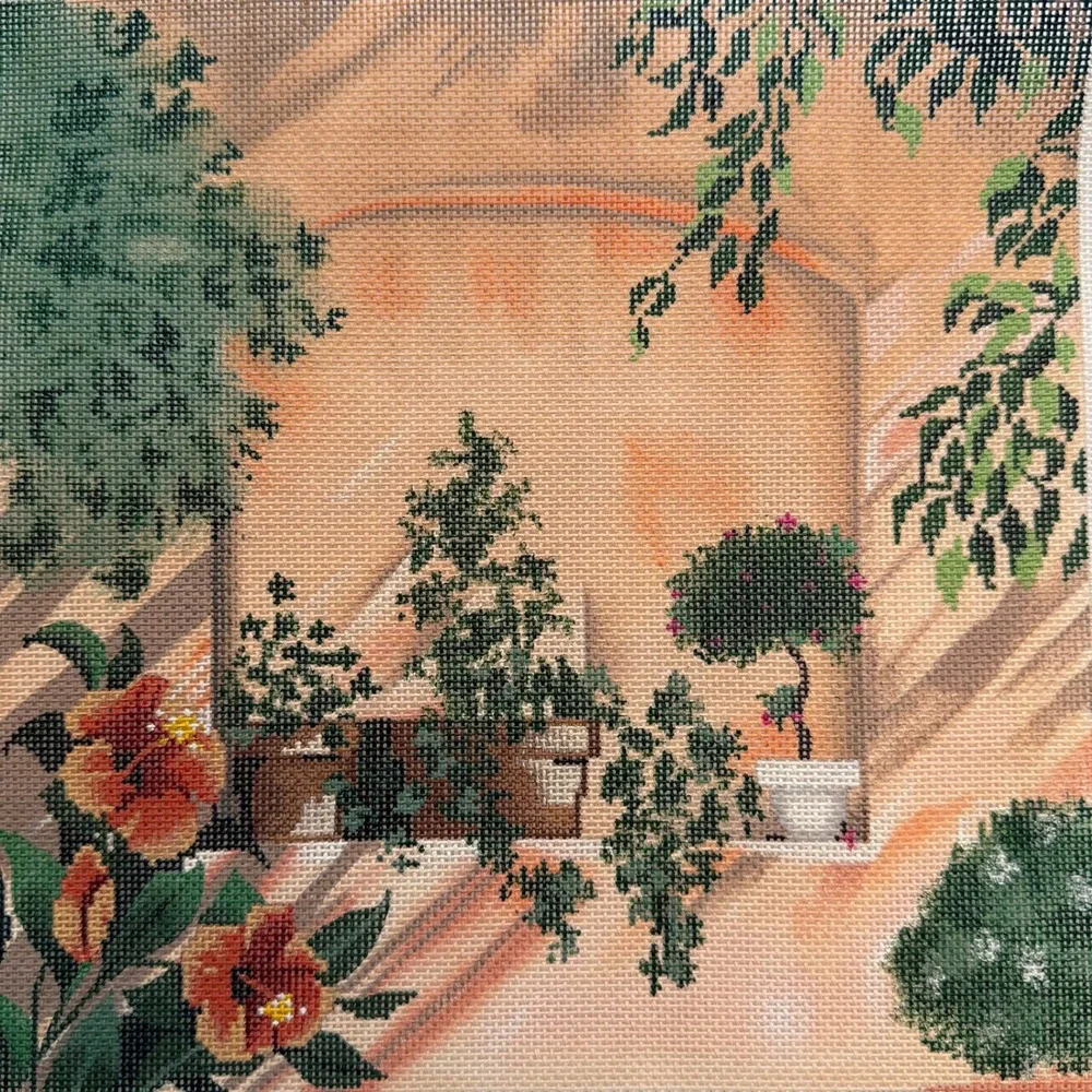Vintage FL-167 Tropical Courtyard Garden Hand Painted Needlepoint Canvas 9.25